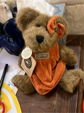 Boyds Bears Plush Teddy in Orange Corduroy Dress with Brown Fur